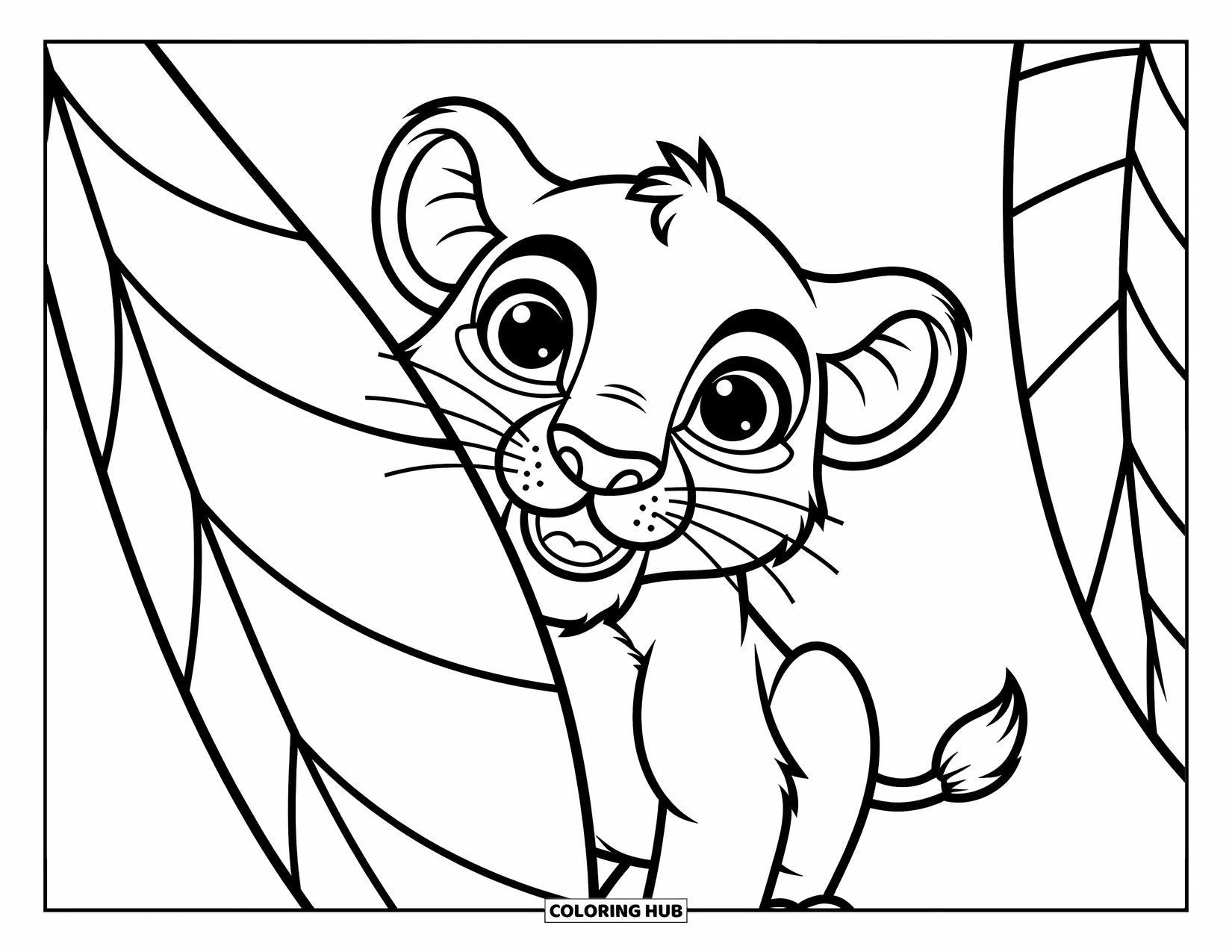 Lion Coloring Page for Kids: A tiny lion peeks playfully from behind a large leaf, its big eyes filled with curiosity