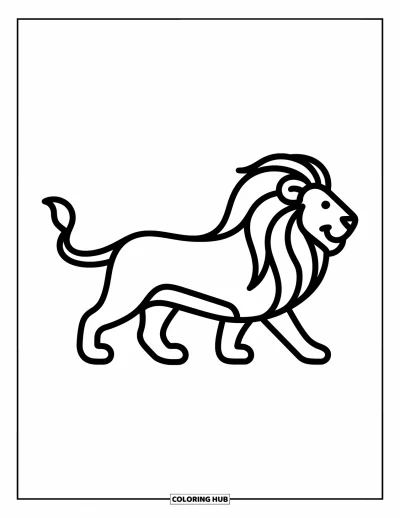 Coloriage de lion pour enfants : Un lion en marche, à la crinière fluide et à la queue courbée, avance avec élégance