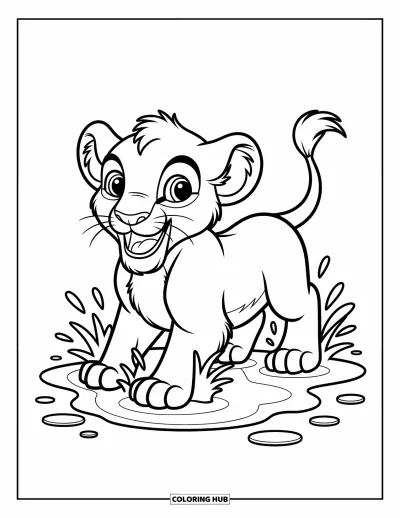 Coloriage de lion pour enfants : Un jeune lionceau saute joyeusement dans une flaque, créant de petites rides à la surface