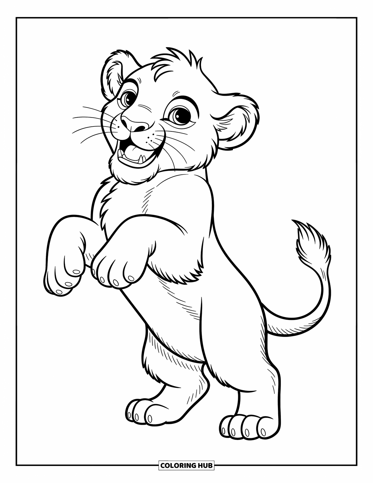 Lion Coloring Page for Kids: A young lion cub stands tall, its playful roar full of excitement and energy