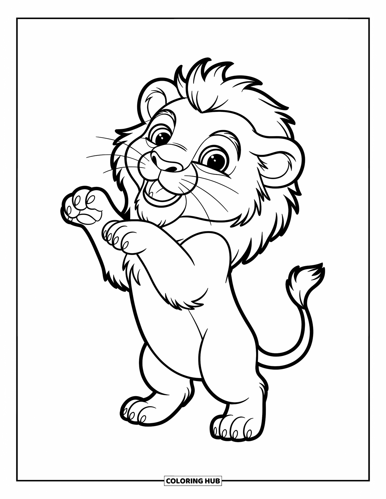 Lion Coloring Page for Kids: A young lion stands tall, pretending to roar with fierce determination