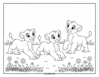 Coloriage de lion pour enfants : Trois lionceaux gambadent joyeusement dans une prairie, entourés de fleurs ondulantes