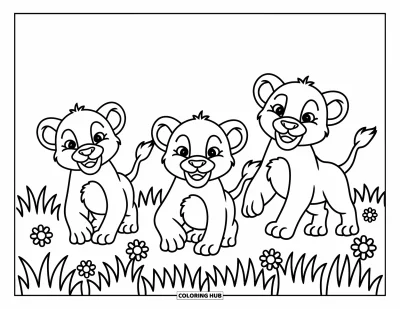 Coloriage de lion pour enfants : Trois lions gambadent dans un champ, leurs visages ronds pleins d’énergie et d’enthousiasme