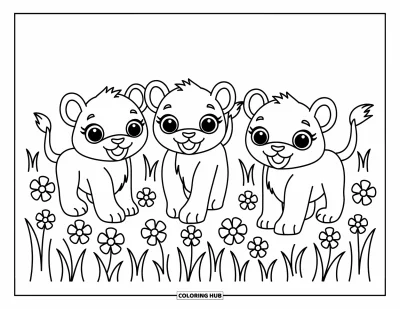 Coloriage de lion pour enfants : Trois lions joueurs s’amusent dans un champ d’herbe, leurs visages rayonnants de joie