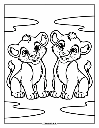 Coloriage de lion pour enfants : Deux adorables lionceaux sont assis en jouant dans un champ d’herbe, leurs grands yeux pleins d’émerveillement