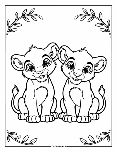 Coloriage de lion pour enfants : Deux adorables lionceaux sont assis côte à côte, leurs grands yeux ronds remplis de curiosité