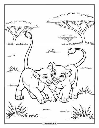 Coloriage de lion pour enfants : Deux lionceaux se chamaillent dans l’herbe, leur énergie ludique capturée en mouvement