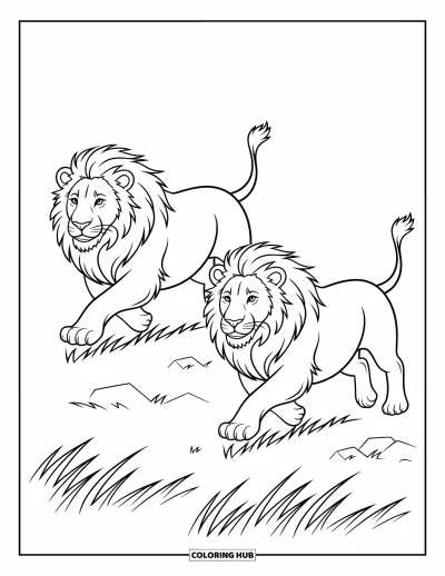 Coloriage de lion pour enfants : Deux lions courent dans l’herbe, leurs crinières flottantes renforçant la sensation de mouvement