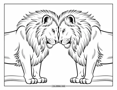 Coloriage de lion pour enfants : Deux lions se font face, leurs museaux qui se touchent traduisant un lien paisible et sincère