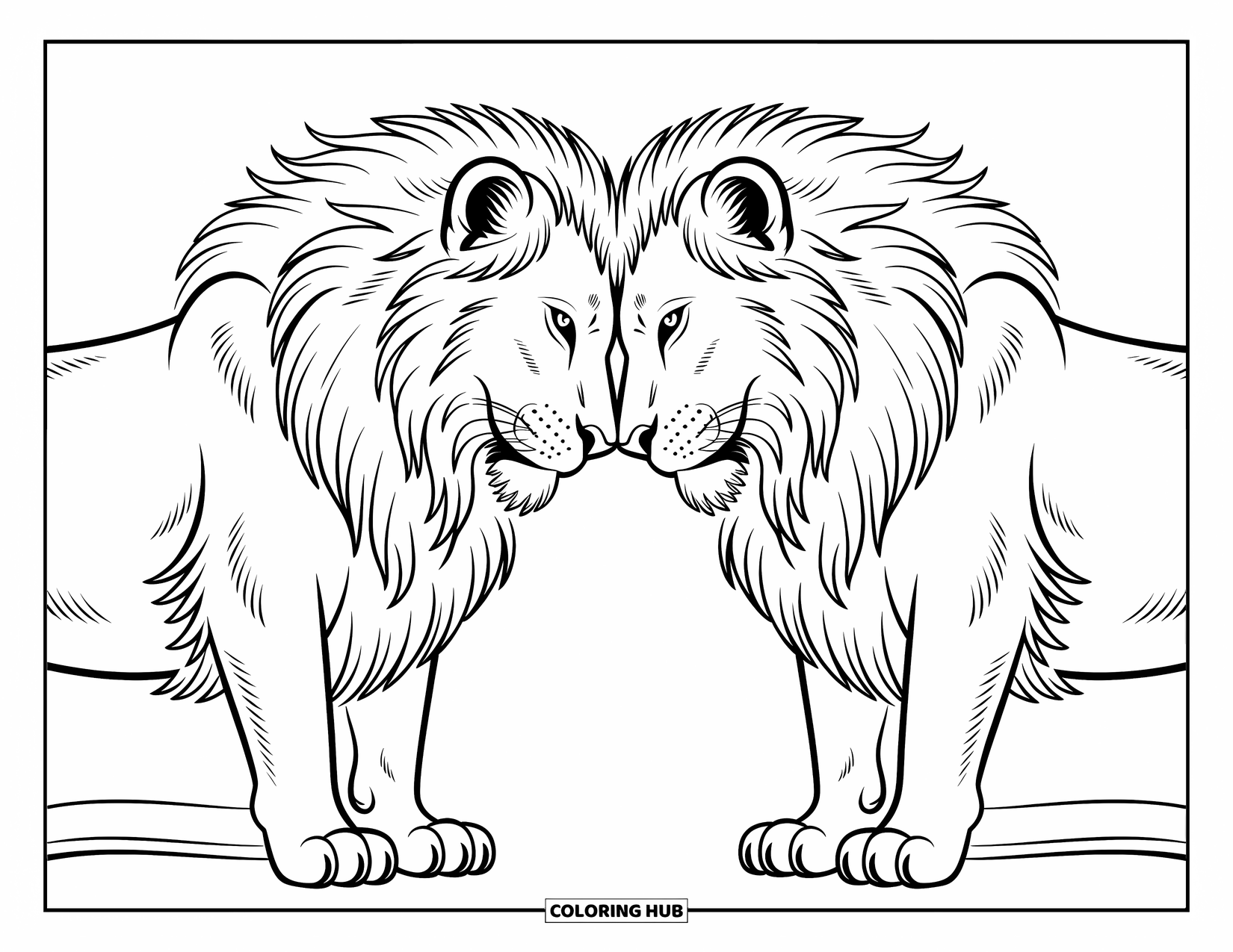 Lion Coloring Page for Kids: Two lions stand face to face, their touching noses capturing a peaceful and heartfelt connection