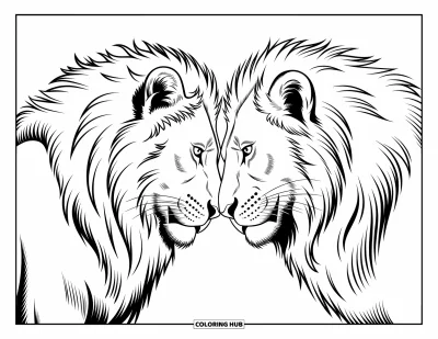 Coloriage de lion pour enfants : Deux lions majestueux partagent un moment de complicité, leurs crinières se mêlant tandis qu’ils se touchent le museau
