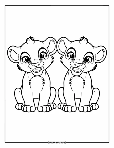 Coloriage de lion pour enfants : Deux lionceaux joueurs sont assis joyeusement ensemble, leurs petites mèches ajoutant à leur charme