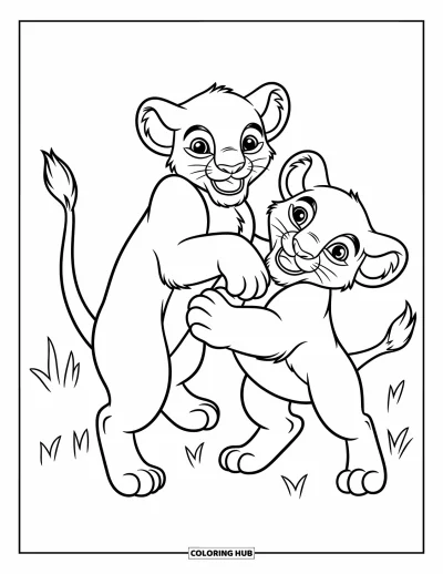 Coloriage de lion pour enfants : Deux lionceaux joueurs se chamaillent avec joie, leurs queues entremêlées dans un joyeux enchevêtrement