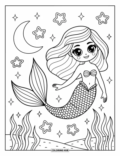 Kolorowanka z syrenami dla dorosłych: Syrena dryfuje przez magiczne nocne morze, a jej ogon lśni drobnymi wzorami