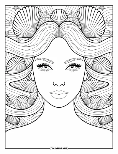 Kolorowanka z syrenami dla dorosłych: Syrena o eleganckich rysach jest otoczona falującymi włosami ozdobionymi wzorami muszli i rozgwiazd
