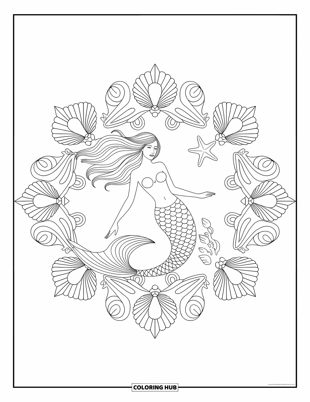 Zeemeermin Kleurplaat voor Volwassenen: Een zeemeermin met elegant haar en een golvende staart wordt omlijst door een betoverende mandala van schelpen en zeesterren