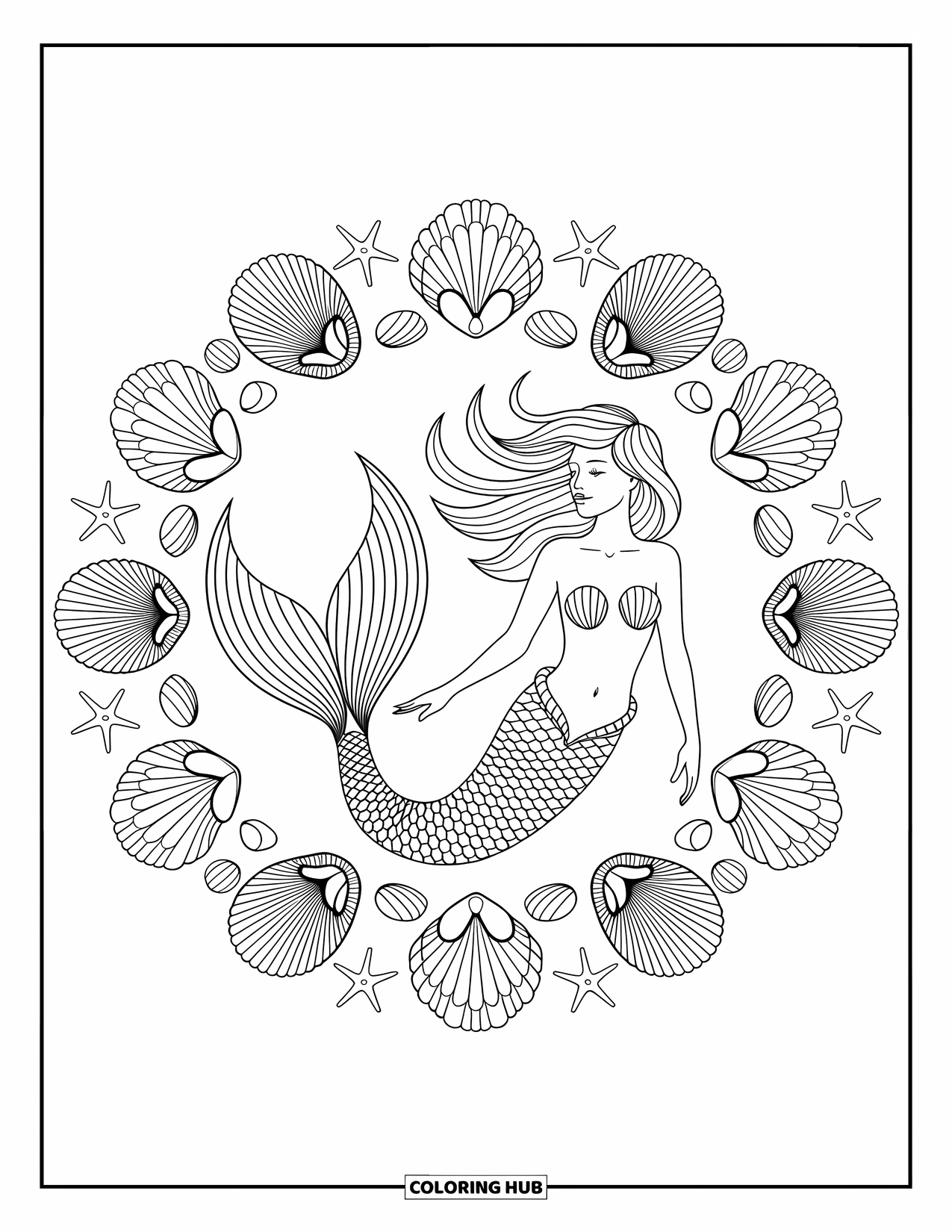 Zeemeermin Kleurplaat voor Volwassenen: Een zeemeermin met golvend haar is omgeven door een mandala van schelpen, zeesterren en op de oceaan geïnspireerde patronen