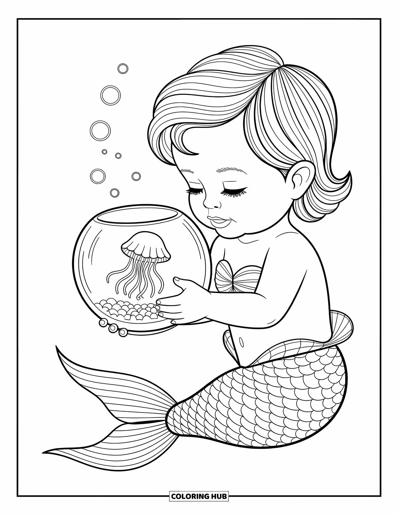 Zeemeermin Kleurplaat voor Kinderen: Een babyzeemeermin wiegt een vissenkom, kijkend naar het wervelende water en de delicate kwallen