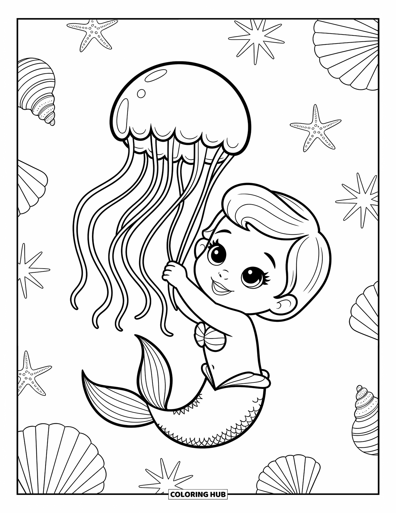 Zeemeermin Kleurplaat voor Kinderen: Een babyzeemeermin drijft zachtjes en houdt een kwal vast terwijl deze in het water zwaait