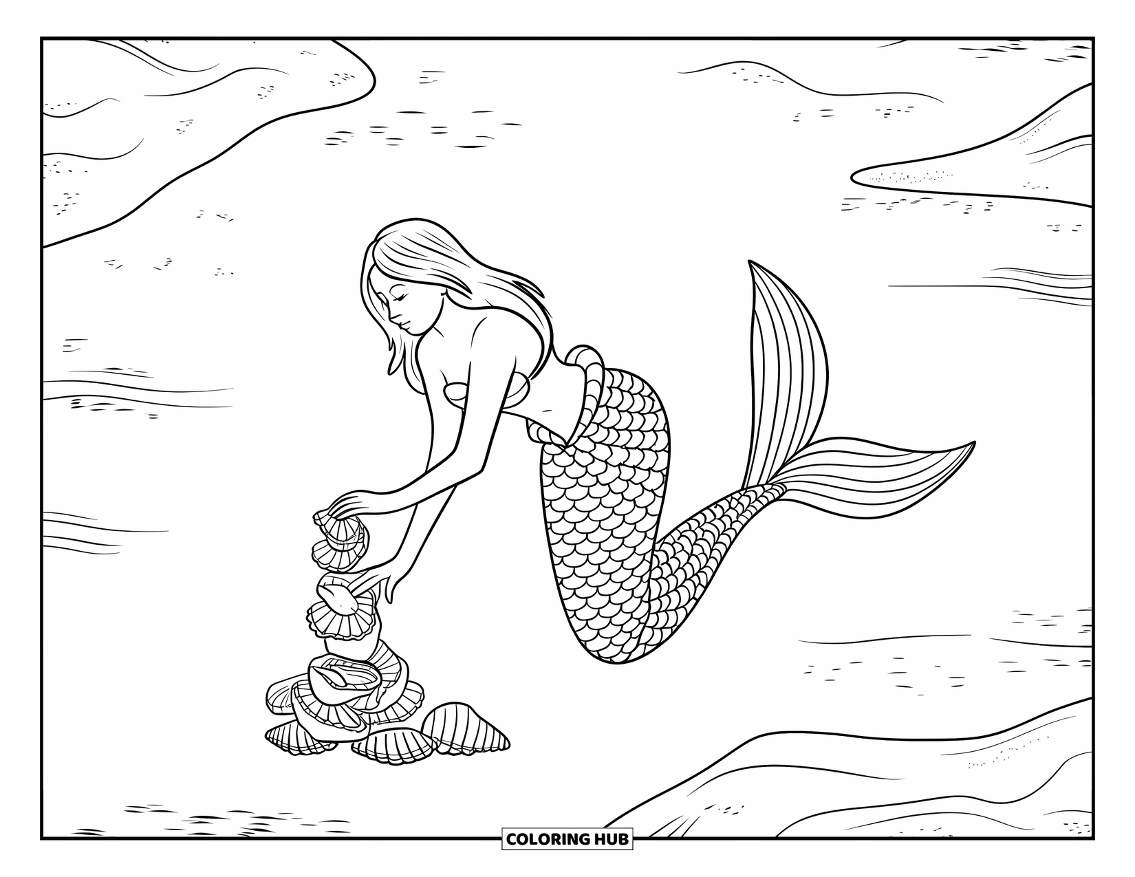 Zeemeermin Kleurplaat voor Kinderen: Een zeemeermin rangschikt schelpen in een toren, omringd door zand en verspreide oceaanschatten
