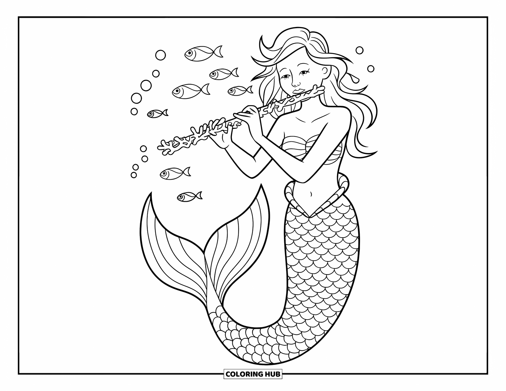 Zeemeermin Kleurplaat voor Kinderen: Een zeemeermin speelt een koraalfluit, met kleine vissen die vrolijk dansen op haar onderwatermelodie