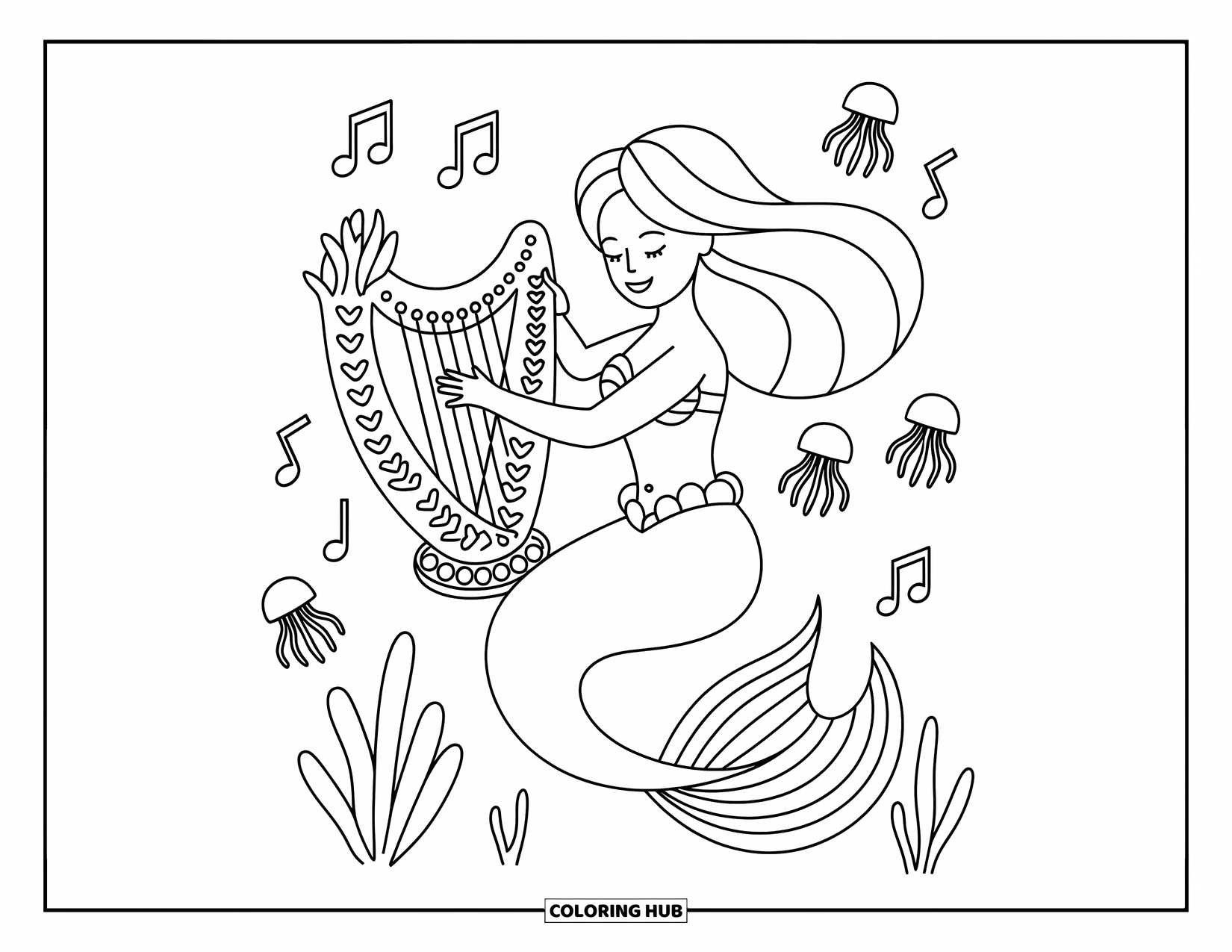 Zeemeermin Kleurplaat voor Kinderen: Een zeemeermin speelt een harp van koraal en vult het water met zachte, drijvende melodieën