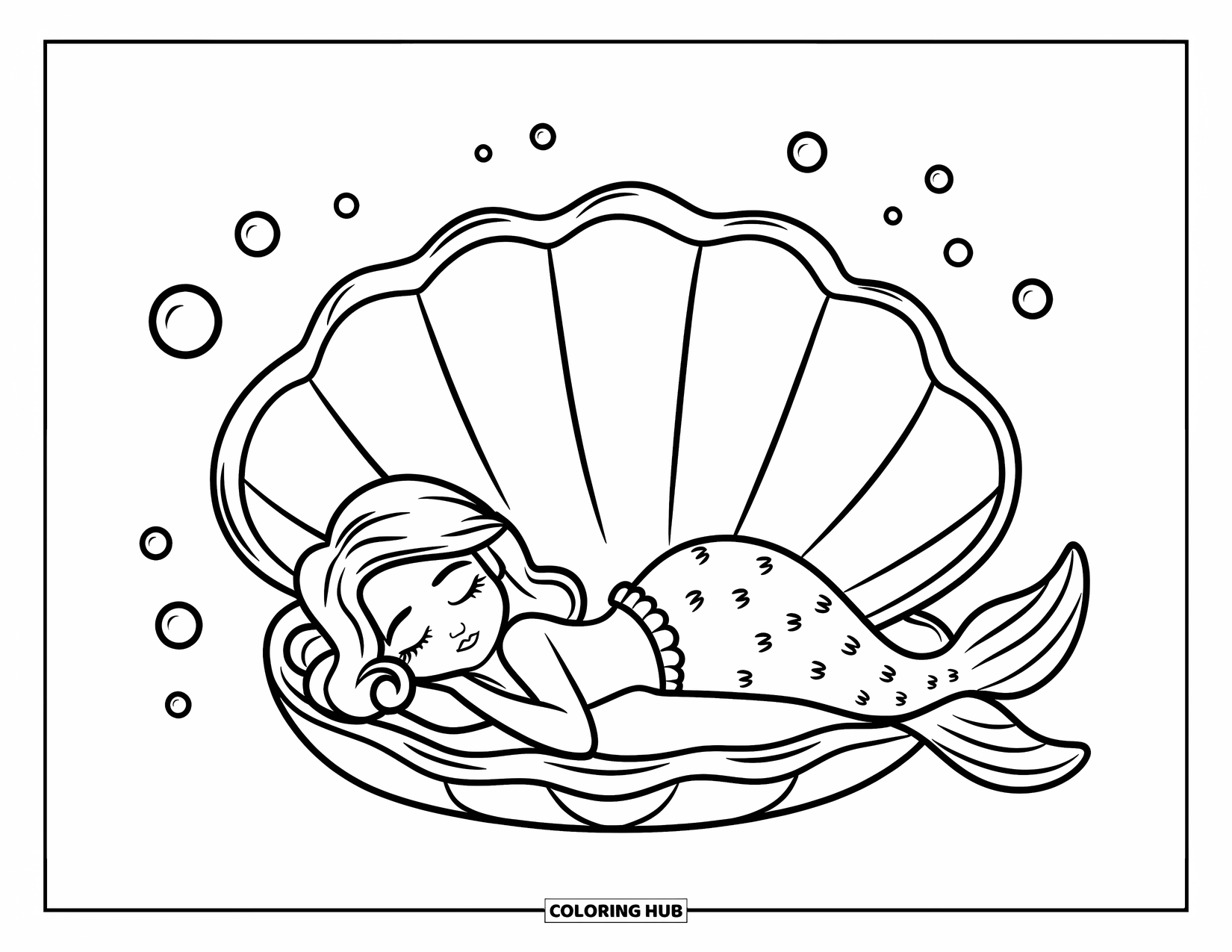 Zeemeermin Kleurplaat voor Kinderen: Een zeemeermin rust in een bed van een schelp, omringd door zachte bellen in een rustige zee
