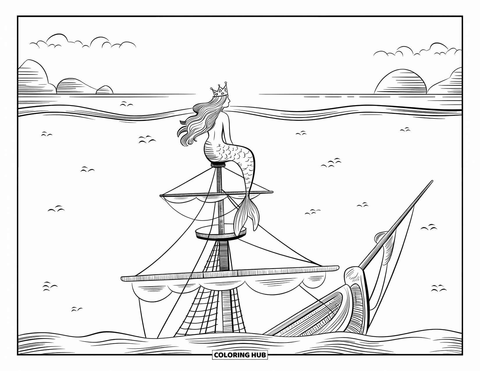 Zeemeermin Kleurplaat voor Kinderen: Een zeemeermin zit op de mast van een gezonken schip en staart naar het verre oceaanoppervlak