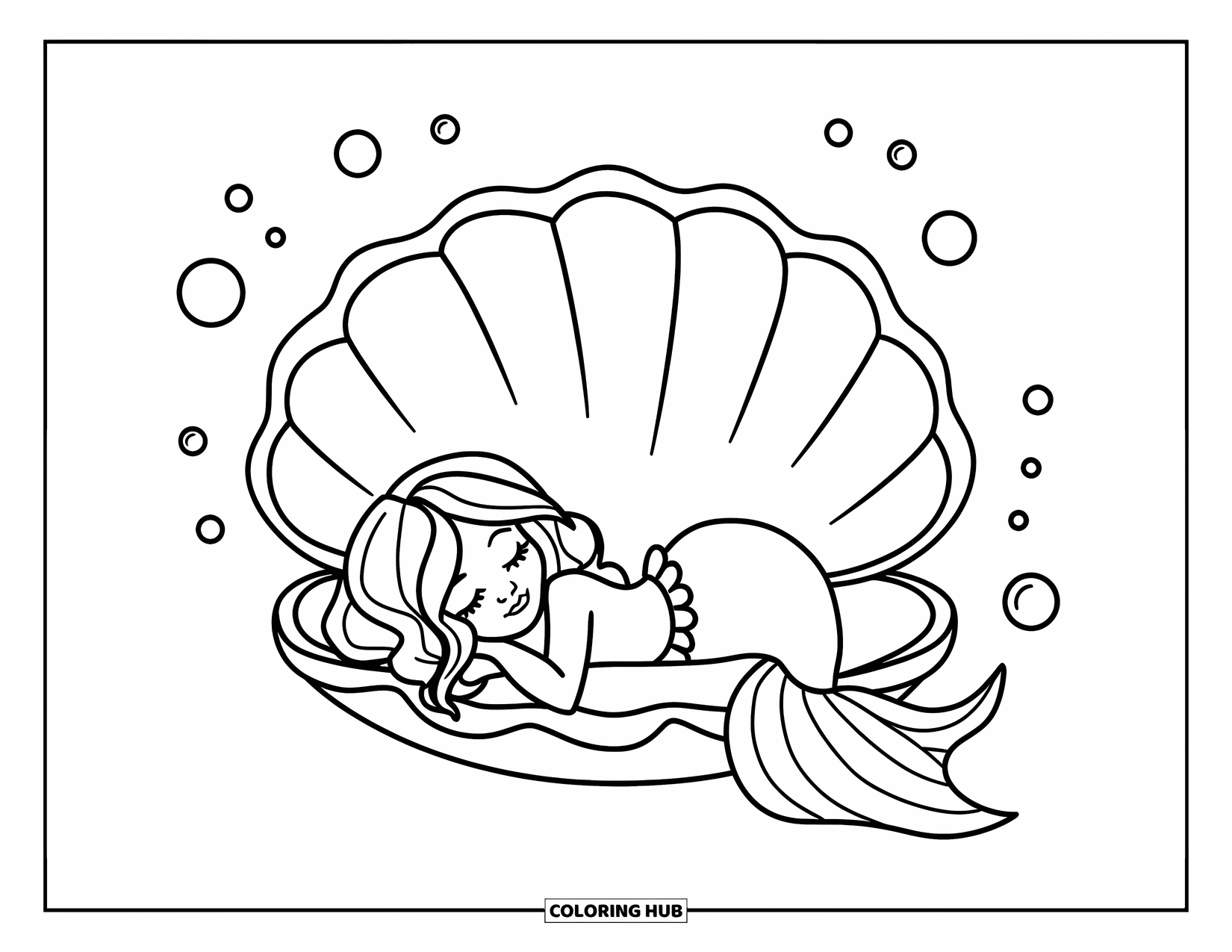 Zeemeermin Kleurplaat voor Kinderen: Een zeemeermin slaapt vredig in een bed van een schelp, met kleine belletjes die om haar heen zweven