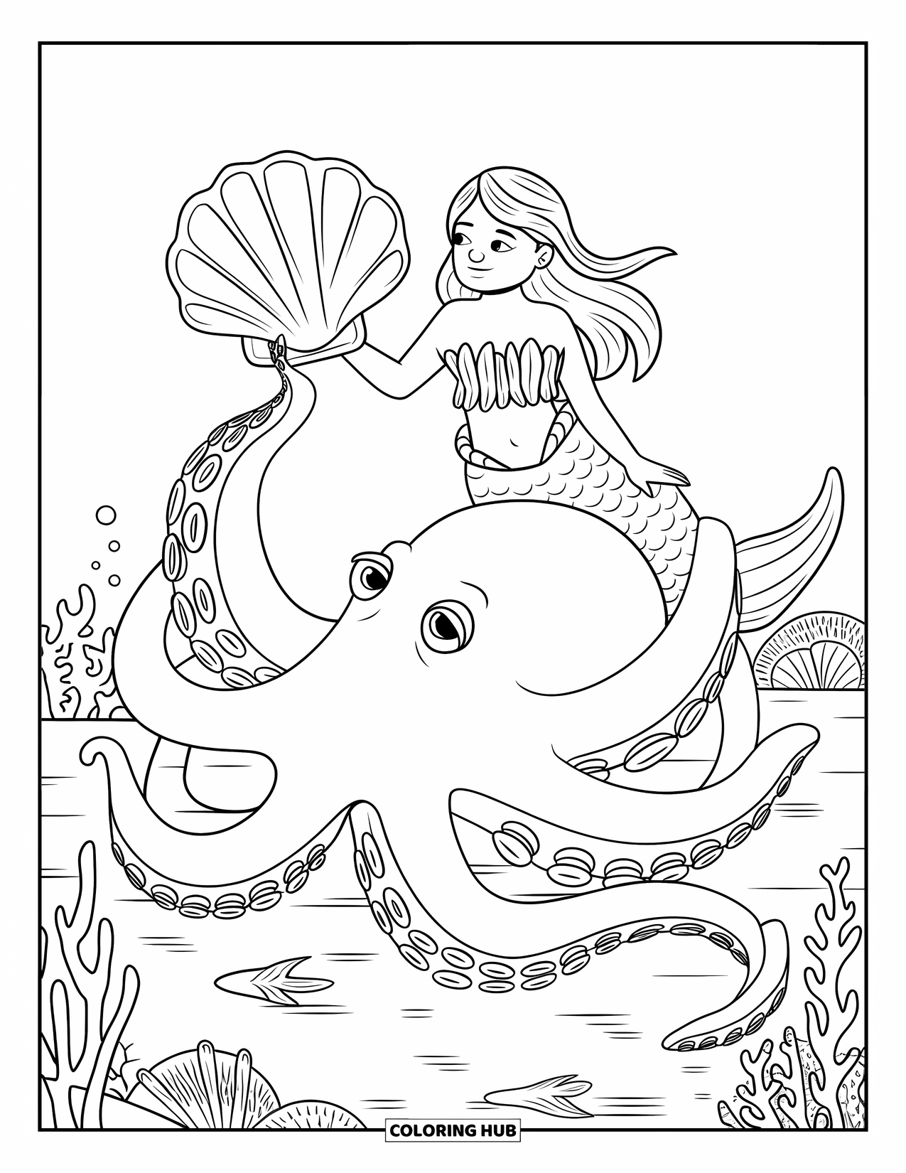 Zeemeermin Kleurplaat voor Kinderen: Een zeemeermin met een zeewiertop zit op de tentakel van een octopus, omringd door koraal en vissen
