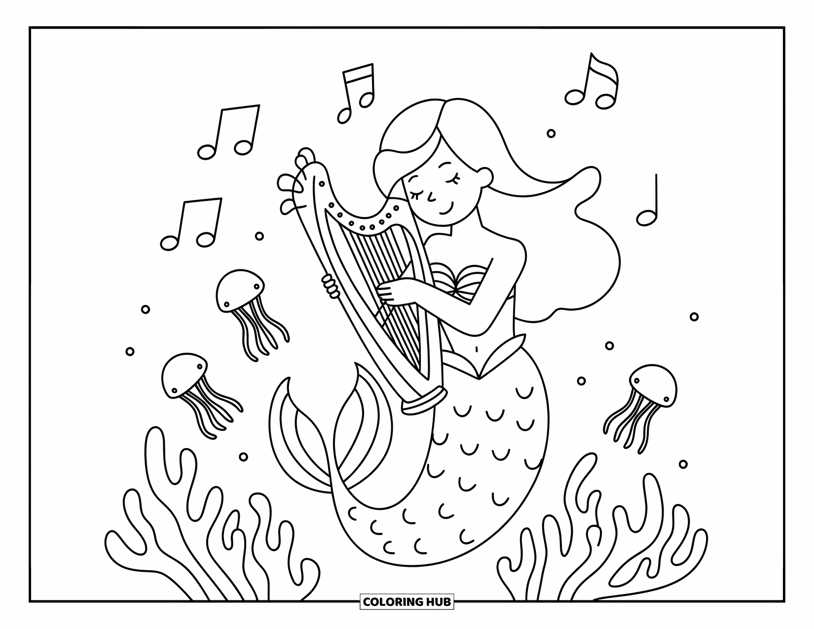 Zeemeermin Kleurplaat voor Kinderen: Een zeemeermin wikkelt haar staart om een harp en maakt muziek terwijl kwallen in de buurt zweven