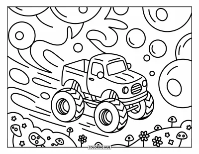 Målarbild med monstertruck för vuxna: En bubblande monstertruck driver genom svävande bubblor och lämnar lekfulla virvelspår efter sig