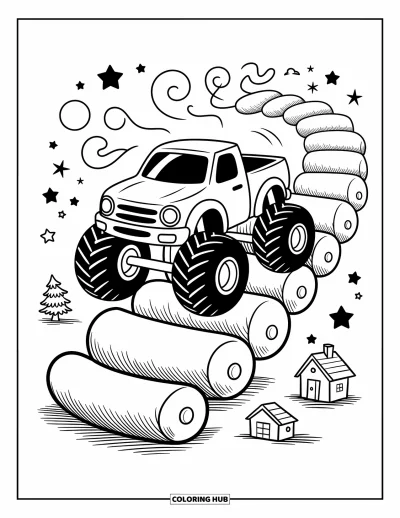 Målarbild med monstertruck för vuxna: En bubblande monstertruck kör glatt nerför en marshmallowväg och lämnar mjuka, fluffiga spår