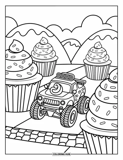 Målarbild med monstertruck för vuxna: En bubblande monstertruck rasar genom en bana full av cupcakes, omgiven av strössel och söta dekorationer