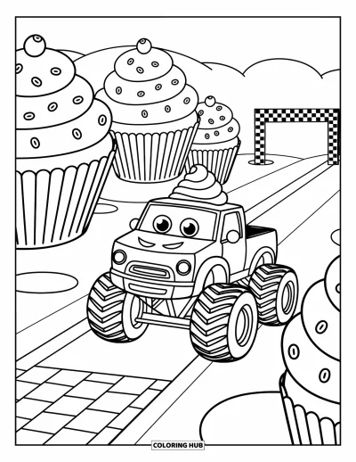 Målarbild med monstertruck för vuxna: En glad monstertruck rusar förbi frostingtäckta kullar mot en målgång av polkagrisar