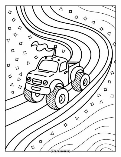 Målarbild med monstertruck för vuxna: En glad monstertruck med vajande flagga glider nerför en mjuk, loopande spiralrutschkana