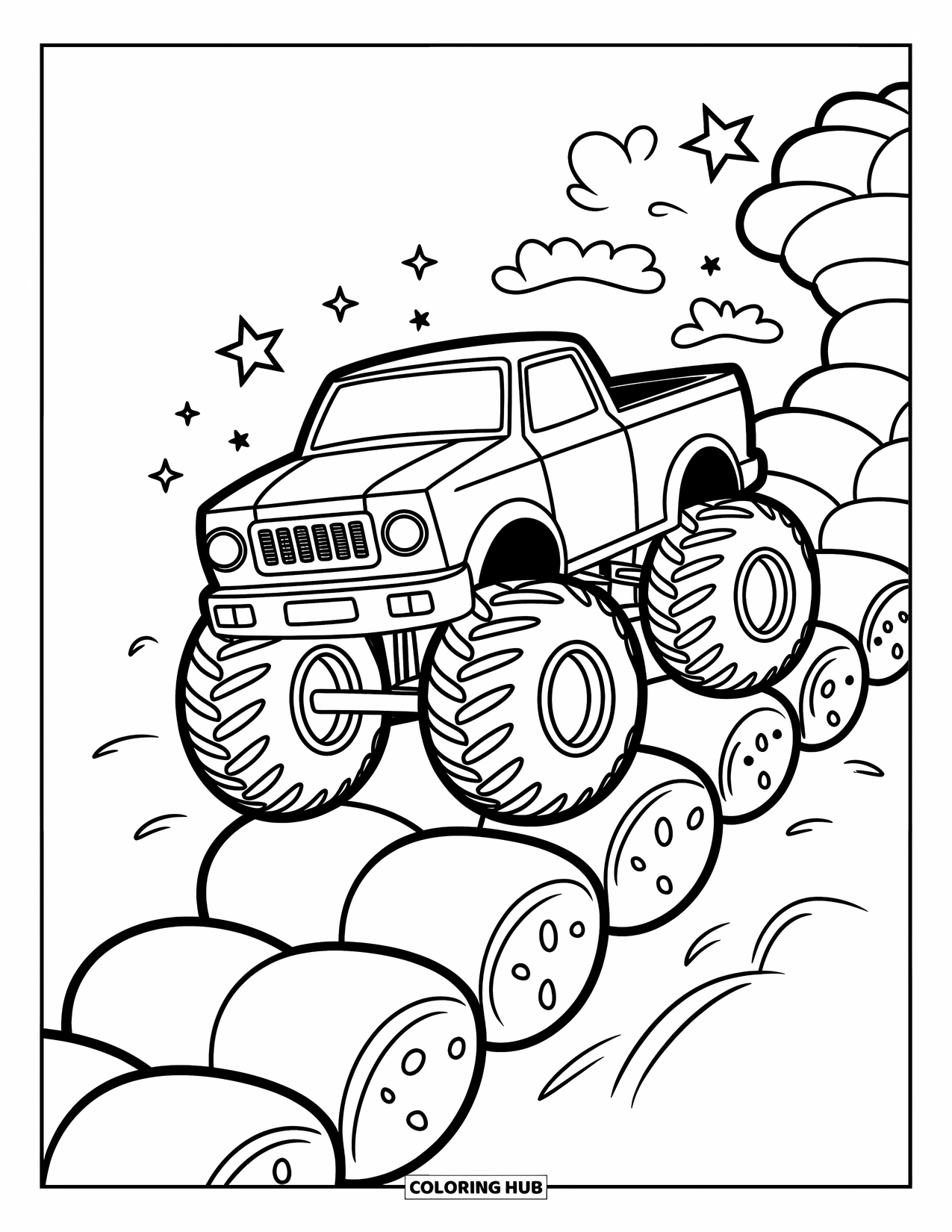Desenho de caminhão monstro para colorir para adultos: Um caminhão monstro gordinho quica ao longo de uma estrada de marshmallow macia, deixando marcas fofas para trás