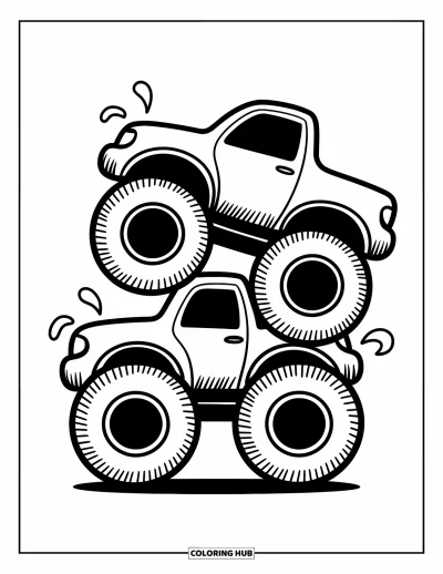 Målarbild med monstertruck för vuxna: En knubbig monstertruck bygger ett vingligt torn av däck, omgiven av små svävande puffar