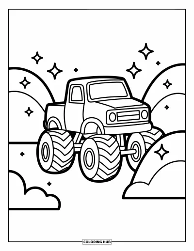 Målarbild med monstertruck för vuxna: En klumpig monstertruck kikar lekfullt fram bakom mjuka kullar, omgiven av små glitterfniss