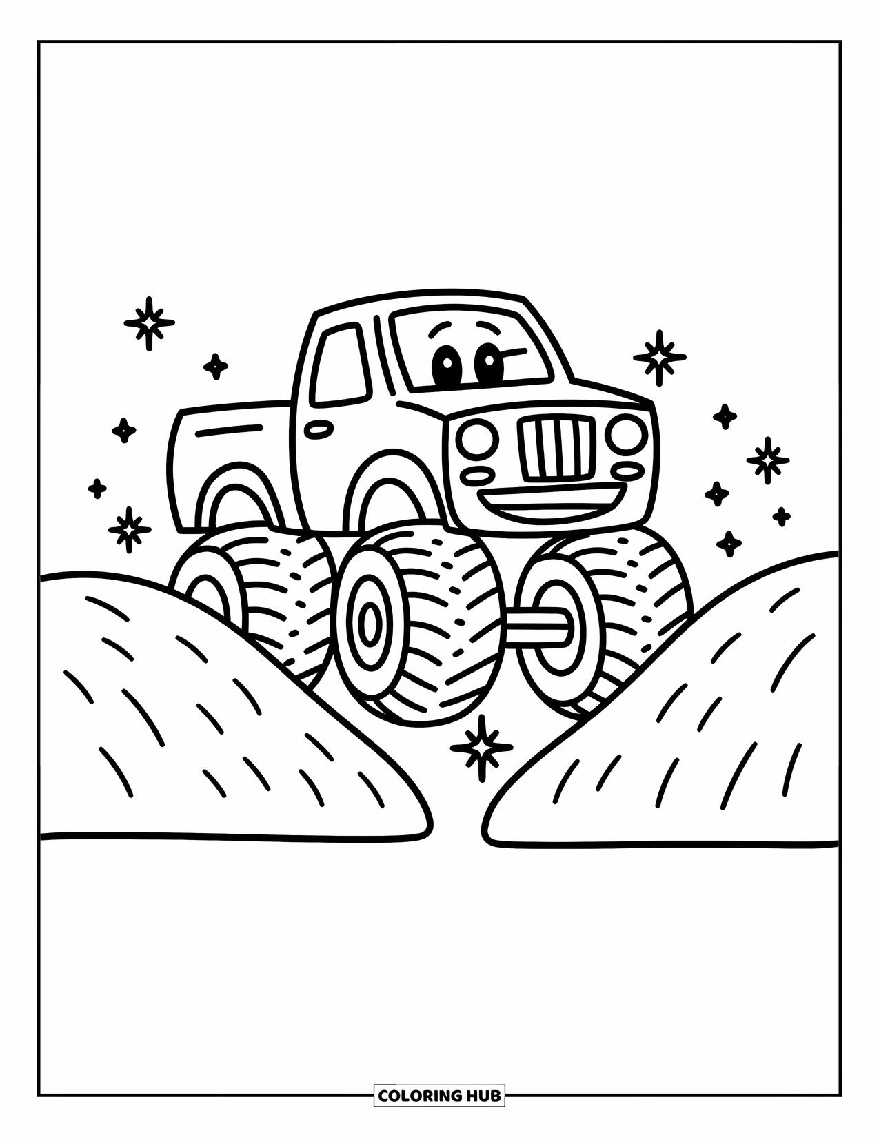 Desenho de caminhão monstro para colorir para adultos: Um caminhão monstro robusto espreita brincando por trás de colinas macias, cercado por pequenos brilhos
