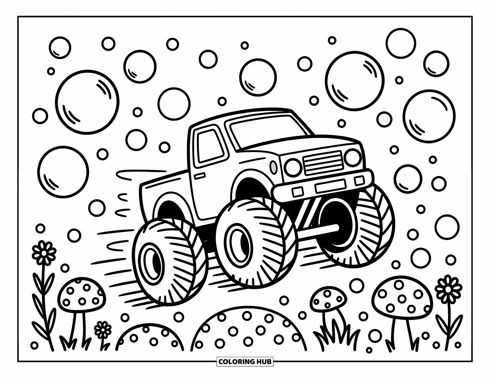 Desenho de caminhão monstro para colorir para adultos: Um caminhão monstro robusto com uma expressão divertida desliza por uma paisagem cheia de bolhas