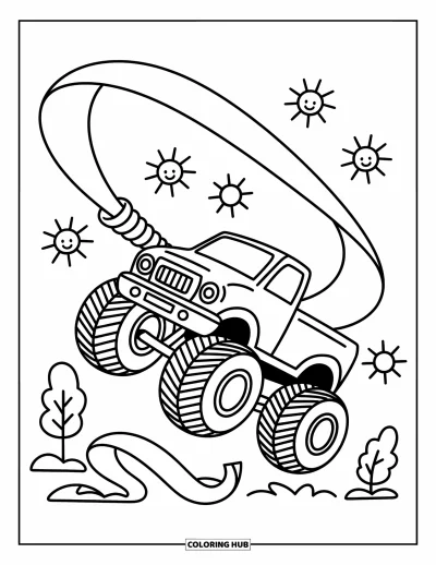 Målarbild med monstertruck för vuxna: En söt monstertruck håller i ett jätteband, omgiven av leende solar och små träd