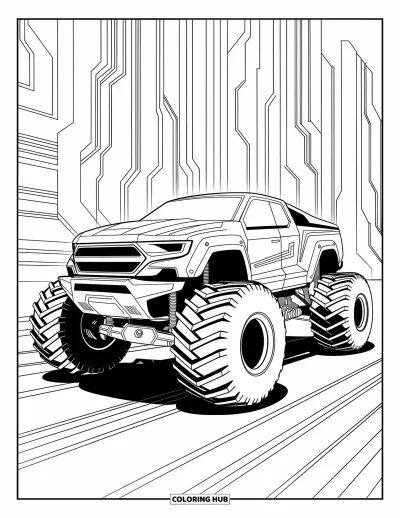 Målarbild med monstertruck för vuxna: En cyberförstärkt monstertruck med vassa, kantiga paneler tornar över en futuristisk silhuett