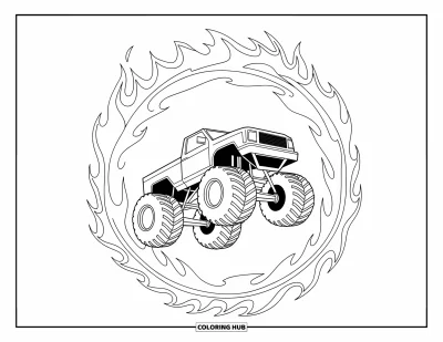 Målarbild med monstertruck för vuxna: En våghalsmonstertruck hoppar genom en flammande ring, dess djärva siluett inramad av virvlande eld