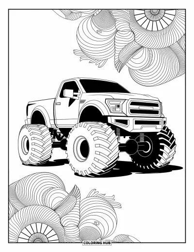 Målarbild med monstertruck för vuxna: En detaljrik monstertruck står mot en bakgrund av virvlande mandala som skapar ett fascinerande mönster