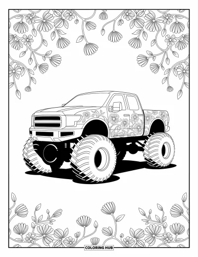 Målarbild med monstertruck för vuxna: En blommönstergraverad monstertruck med intrikata rankmönster står mot en elegant dekorativ bakgrund