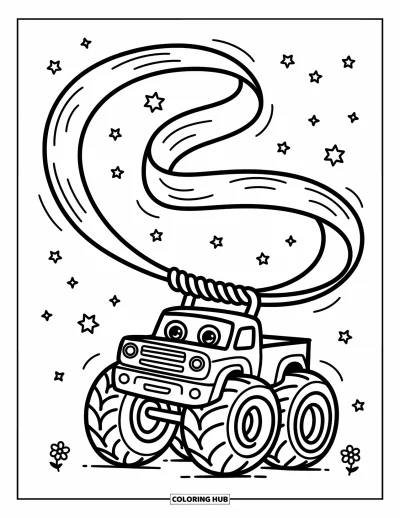 Målarbild med monstertruck för vuxna: En vänlig monstertruck griper ett vajande band, omgiven av små blommor och stjärnor