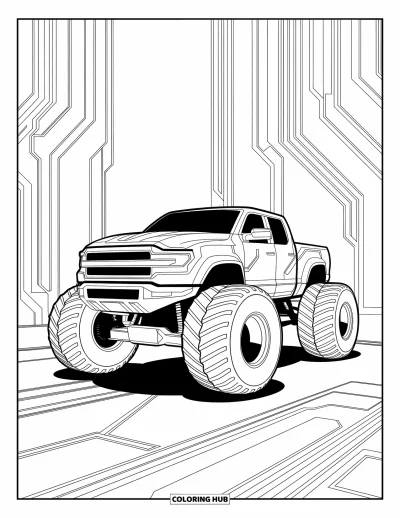 Målarbild med monstertruck för vuxna: En futuristisk monstertruck med kretskortsliknande graveringar står mot ett sci-fi-stadslandskap fullt av eleganta detaljer