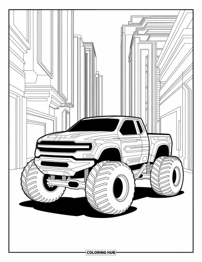 Målarbild med monstertruck för vuxna: En futuristisk monstertruck med eleganta graveringar och kantiga former står mot en detaljrik cyberstad