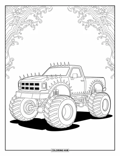 Målarbild med monstertruck för vuxna: En gotiskinspirerad monstertruck med intrikata graveringar och gargoyleer står i en mystisk, mörk miljö